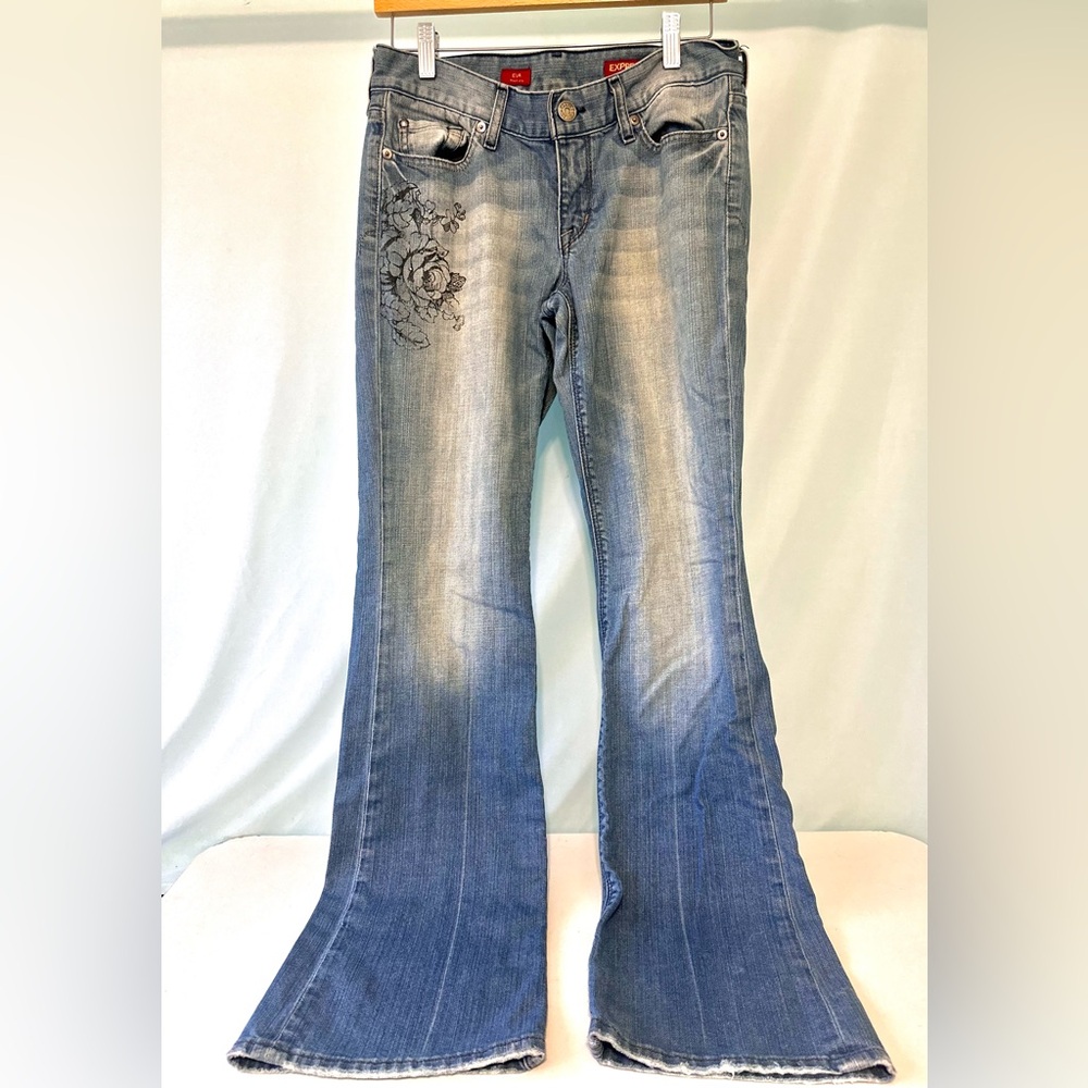 Vintage Eva Express Blue Flare Jeans with Black Floral Embellished Goth